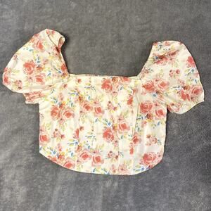 Freshman Puff Sleeve Floral Corset Crop Top – Cottagecore Y2K Romantic Blouse M